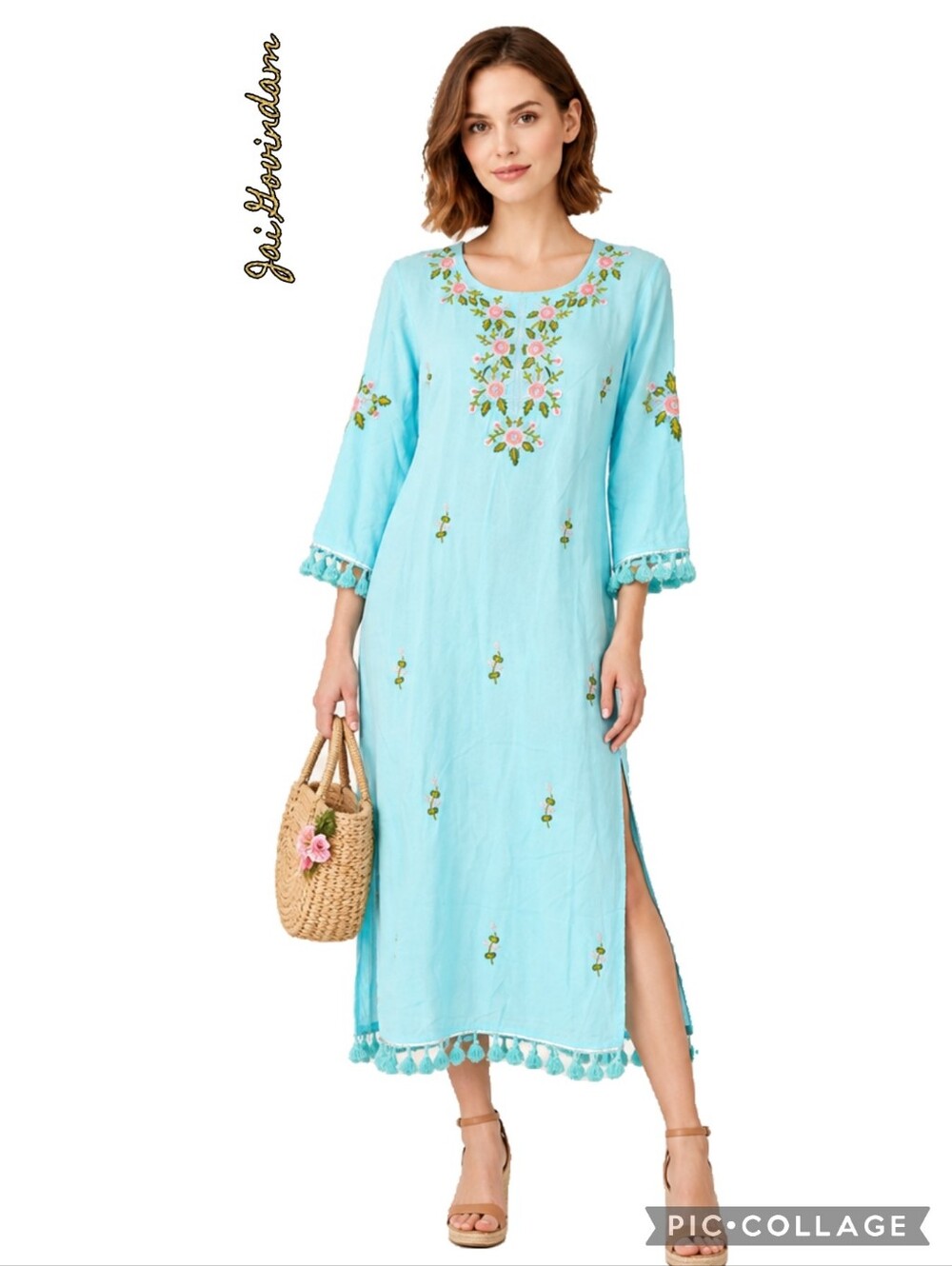 Govindam midi dress, floral, embrodery, tassels, side slits, silver trim